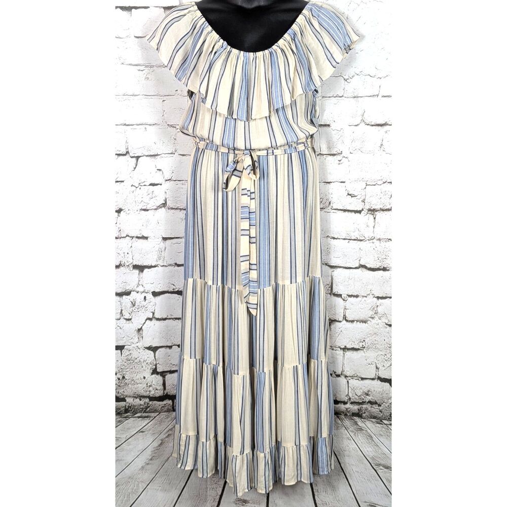 NOSTALGIA Peasant Boho Belted Rayon Crepe Tiered Maxi Dress Striped Medium NEW